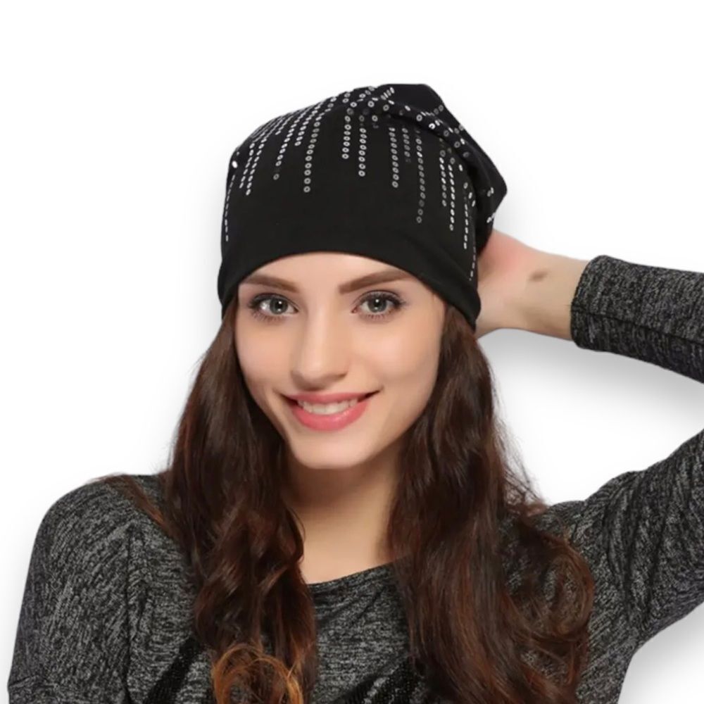 Black Silver Sequins Waterfall Lightweight Cotton Beanie Cap - NEW